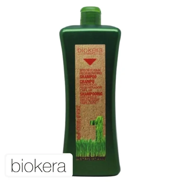Grand flacon vert Biokera Natura shampooing régénérant 1000 ml étiquette rouge