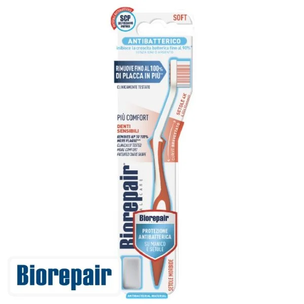 Brosse à dents Biorepair Soft anti-bactérienne, manche blanc et orange, poils souples