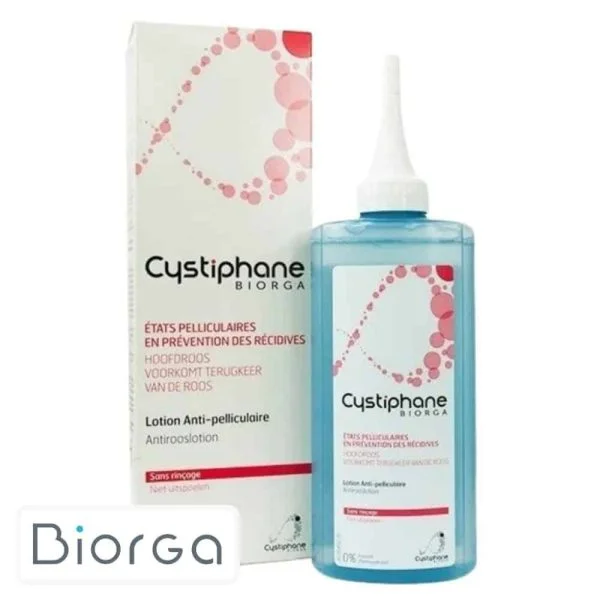 Flacon canule bleu Cystiphane Biorga lotion anti-pelliculaire et son étui
