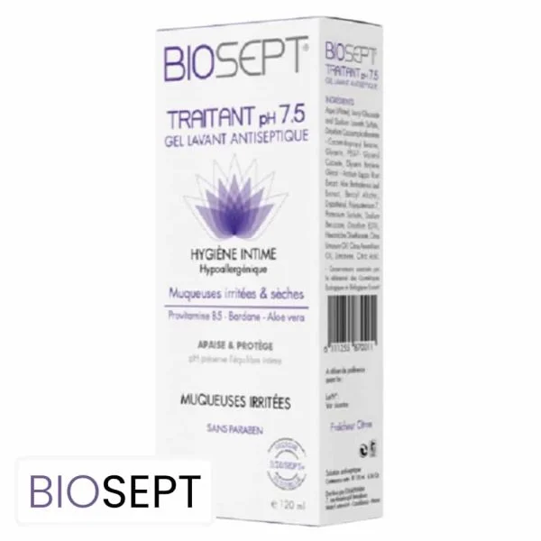 Étui violet et blanc du gel lavant intime Biosept 120 ml
