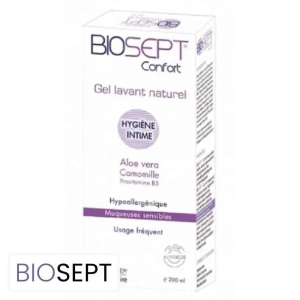 Étui blanc et violet du gel lavant intime Biosept Confort 200 ml