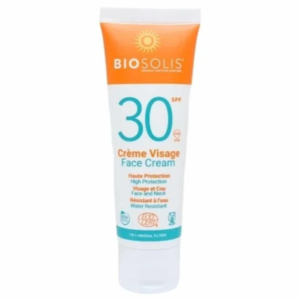 Tube blanc et orange de crème visage solaire Biosolis SPF30