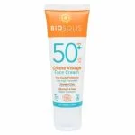 Tube blanc et orange de crème visage solaire Biosolis SPF50+