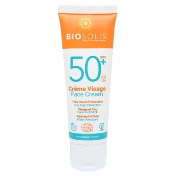 Tube blanc et orange de crème visage solaire Biosolis SPF50+