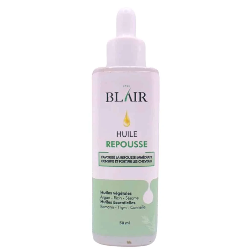 blair-huile-repousse-densifiante-et-fortifiante-cheveux-50ml.jpg Flacon compte-gouttes blanc et vert de l'Huile Repousse Blair 50 ml