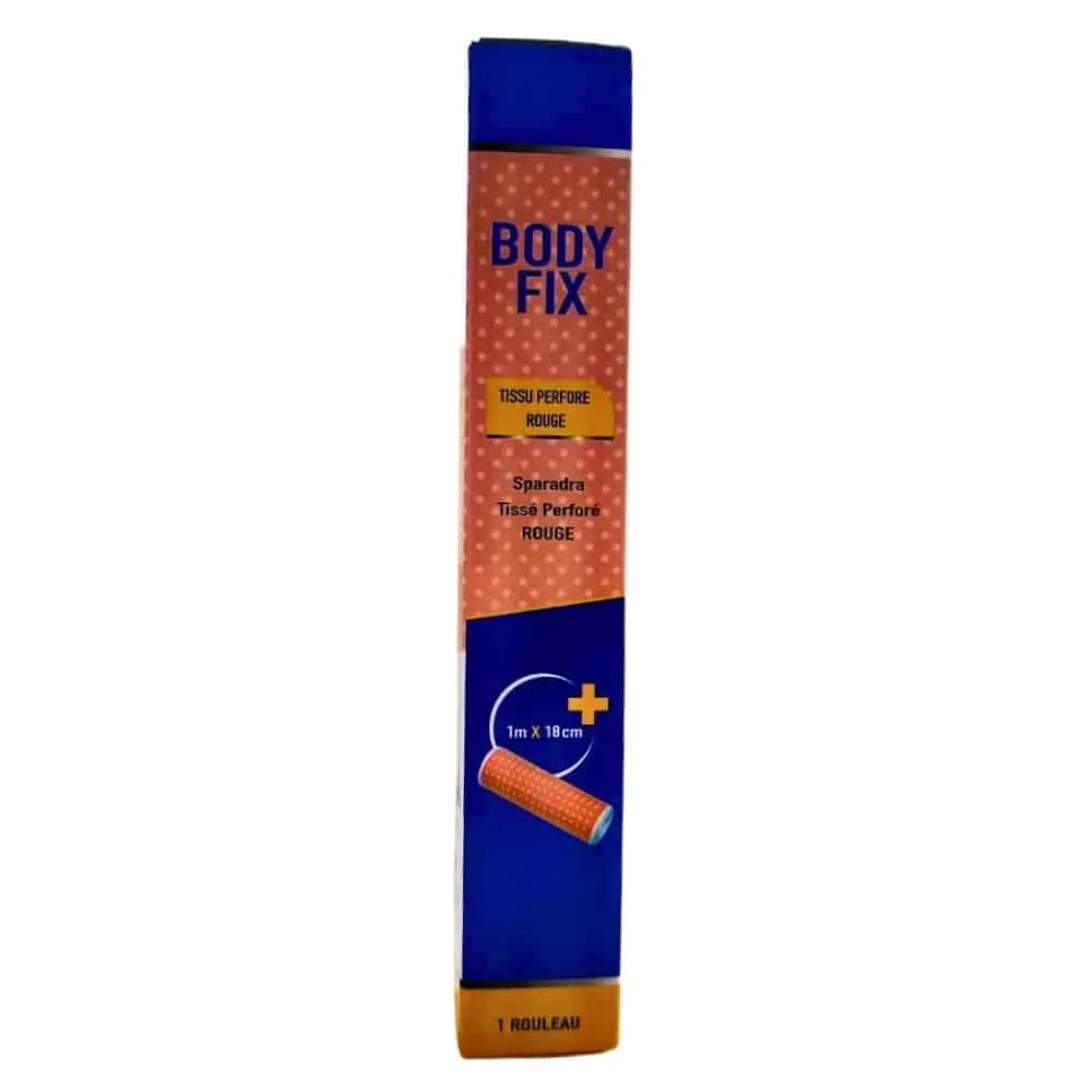body-fix-tissu-perfore-rouge-1mx18cm-1u.jpg Étui cartonné orange et bleu du sparadrap tissé perforé Body Fix rouge