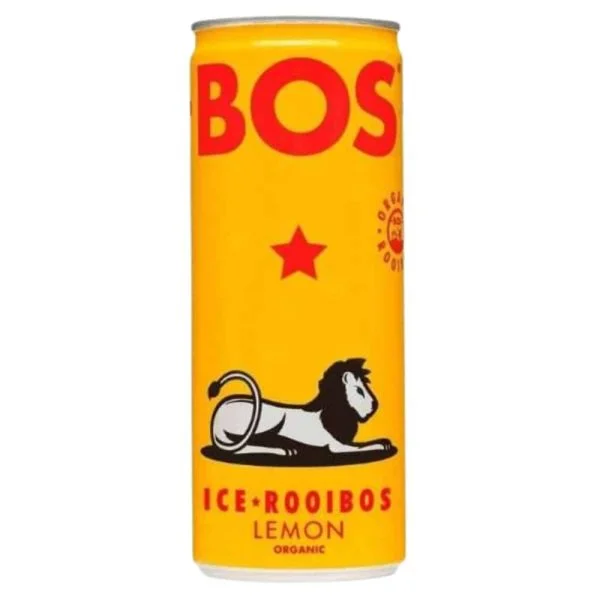 Canette jaune Bos Ice Rooibos Lemon bio avec lion noir imprimé