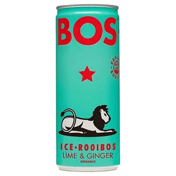 Canette turquoise Bos Ice Rooibos Lime Ginger bio, lion noir imprimé
