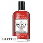 Flacon rouge de bain de bouche Botot, étiquette blanche et bouchon noir