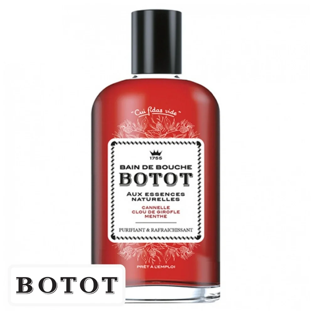 botot-bain-de-bouche-cannelle-clou-de-girofle-et-menthe-250ml.jpg Flacon rouge de bain de bouche Botot, étiquette blanche et bouchon noir