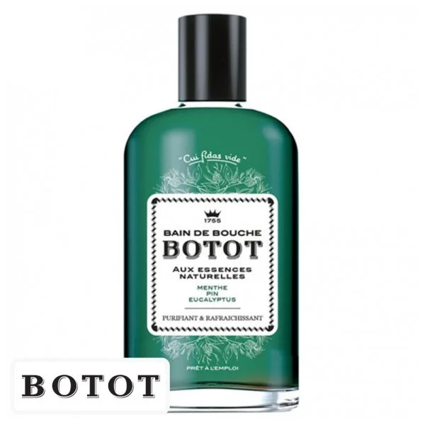 Flacon vert de bain de bouche Botot, étiquette blanche et bouchon noir