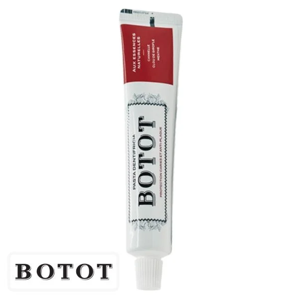 Tube blanc de dentifrice Botot avec bandeau rouge et bouchon blanc