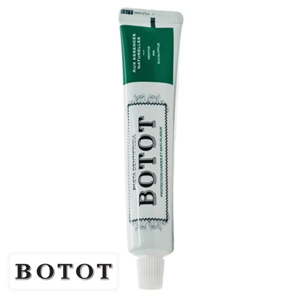 Tube blanc de dentifrice Botot avec bandeau vert et bouchon blanc