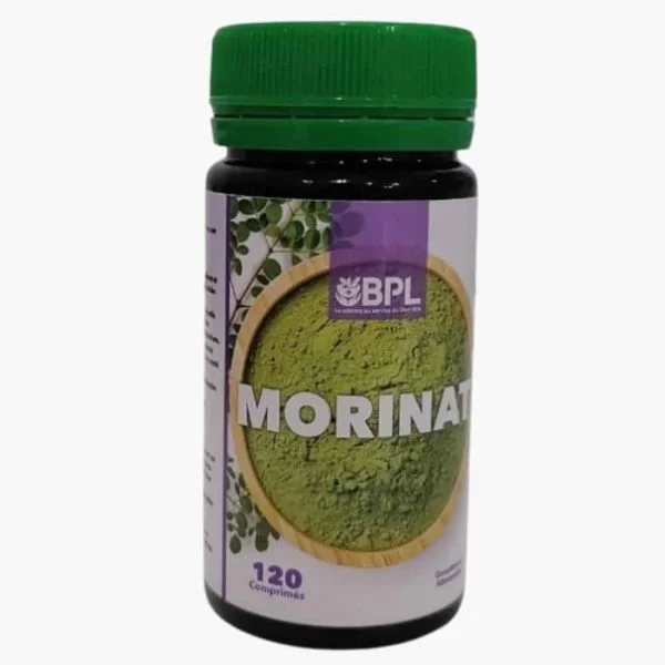 Flacon Bpl Morinat à bouchon vert, feuilles de moringa et poudre verte