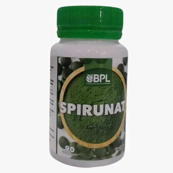 Flacon blanc Bpl Spirunat, bouchon vert, poudre et comprimés verts