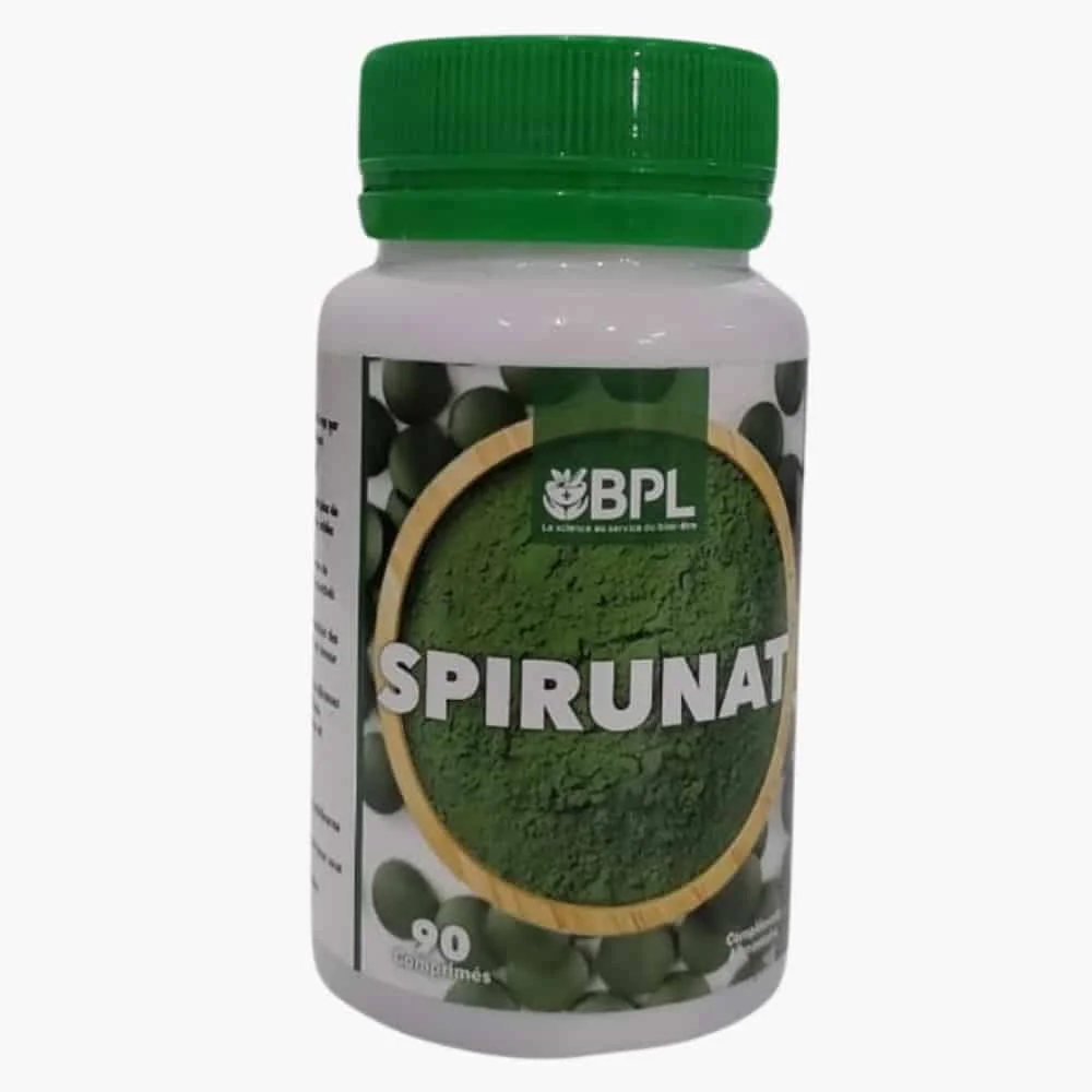 bpl-spirunat-90-comprimes.jpg Flacon blanc Bpl Spirunat, bouchon vert, poudre et comprimés verts