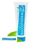 Tube bleu et blanc Buccotherm junior menthe, mascotte et feuilles vertes