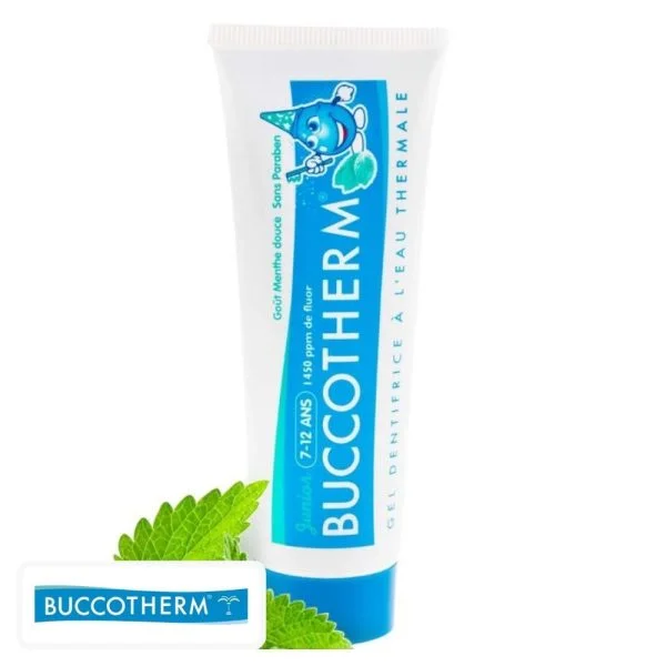 Tube bleu et blanc Buccotherm junior menthe, mascotte et feuilles vertes