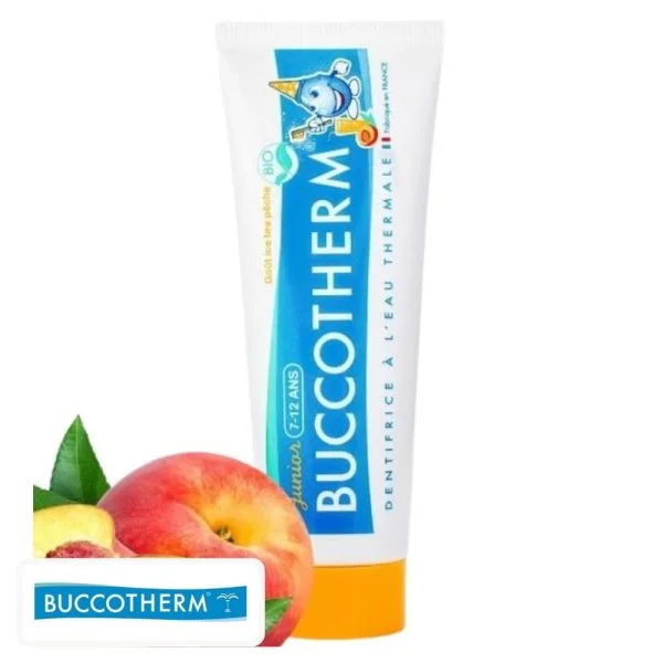 Tube bleu et orange Buccotherm junior pêche avec mascotte et fruit