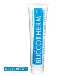 Tube blanc et bleu de dentifrice Buccotherm prévention caries à l'eau thermale
