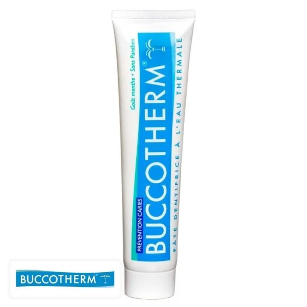 Tube blanc et bleu de dentifrice Buccotherm prévention caries à l'eau thermale