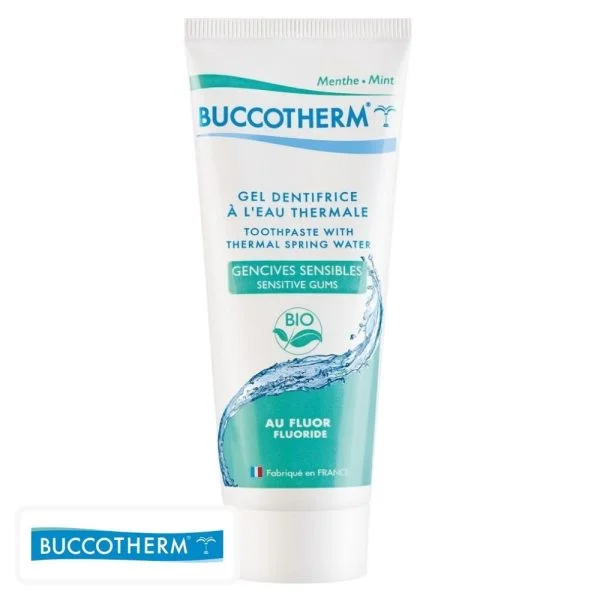 Tube vert et blanc du gel dentifrice Buccotherm gencives sensibles à l'eau thermale