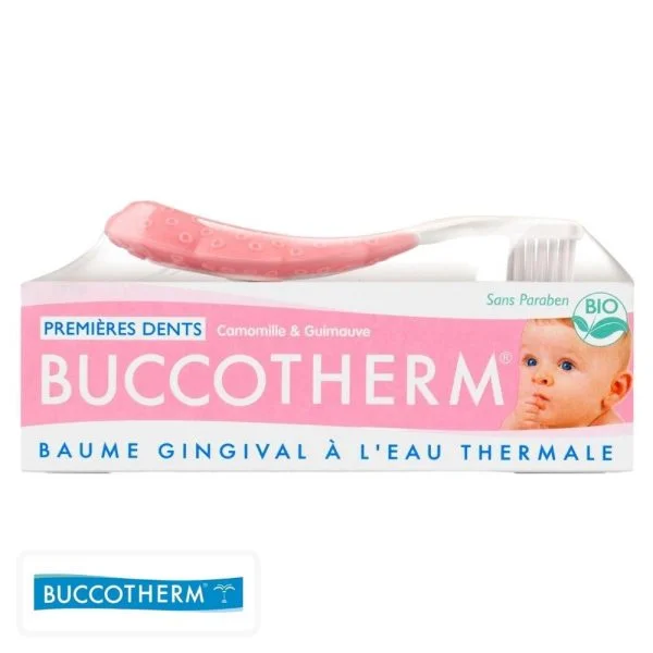 Coffret rose Buccotherm premières dents avec brosse à dents souple et baume gingival