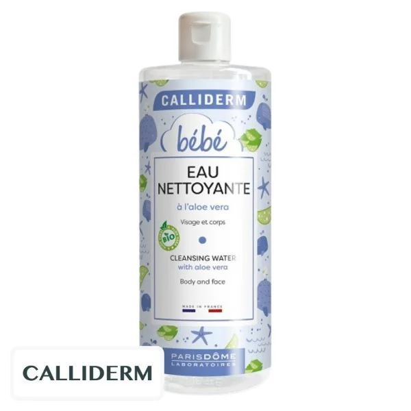 Flacon transparent Calliderm bébé eau nettoyante à l'aloe vera de 500 ml