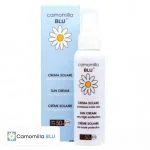 Flacon pompe blanc et étui bleu Camomilla Blu crème solaire SPF50+ 100 ml
