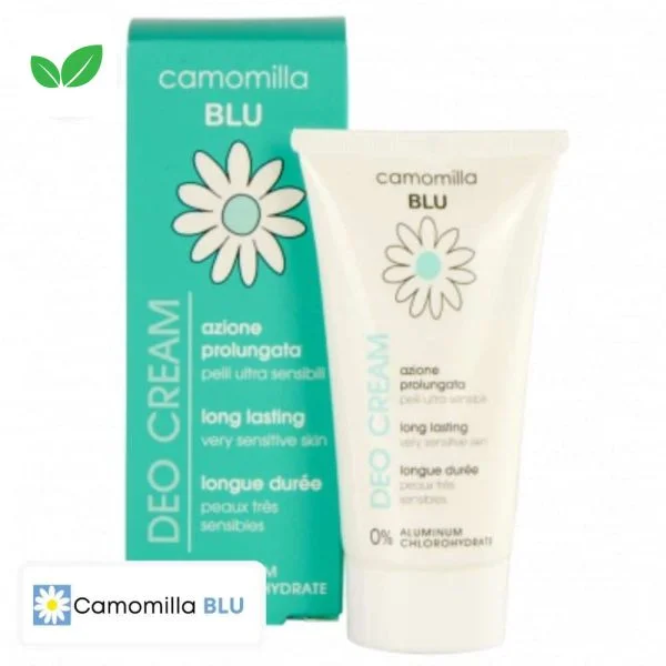 Tube blanc et étui vert Camomilla Blu Deo Cream, déodorant crème