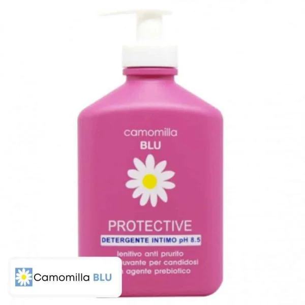 Flacon-pompe fuchsia Camomilla Blu Protective, nettoyant intime pH 8.5