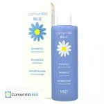 Flacon bleu et étui crème Camomilla Blu shampooing à la camomille 200 ml