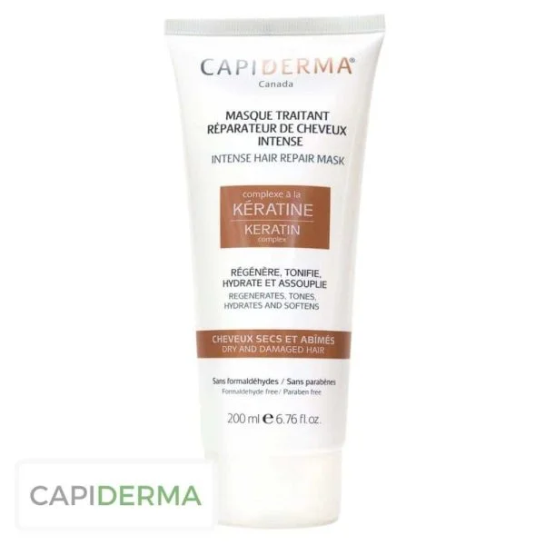 Tube blanc Capiderma masque réparateur kératine cheveux secs 200 ml