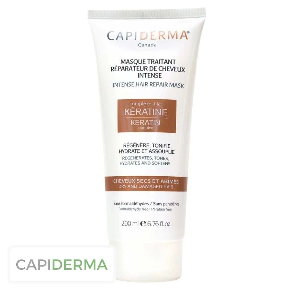 capiderma-keratine-masque-traitant-reparateur-de-cheveux-intense-200ml.jpg Tube blanc Capiderma masque réparateur kératine cheveux secs 200 ml