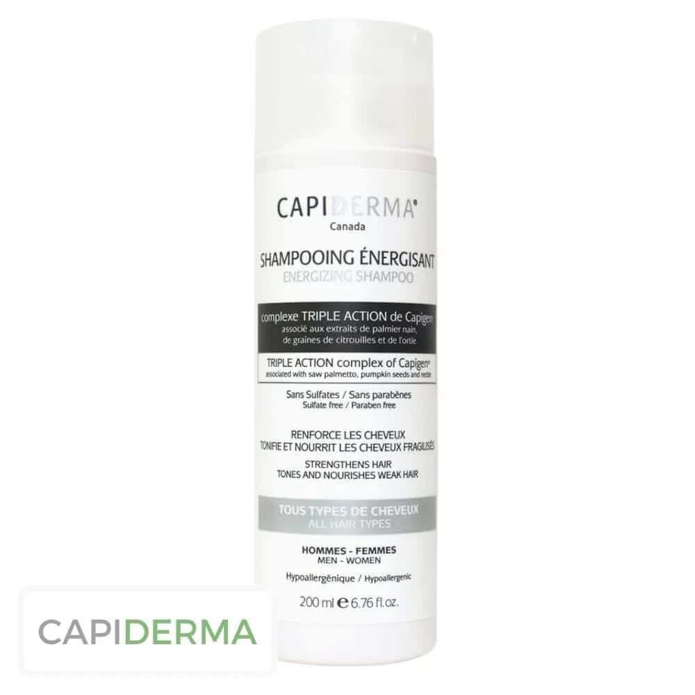 capiderma-shampoing-energisant-200ml.jpg Flacon blanc Capiderma shampooing énergisant Capigen 200 ml