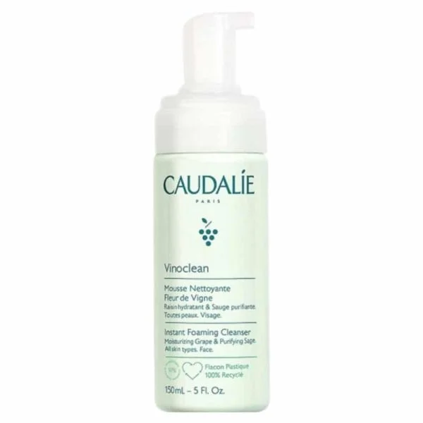 Flacon pompe moussante vert Caudalie Vinoclean mousse nettoyante fleur de vigne 150 ml