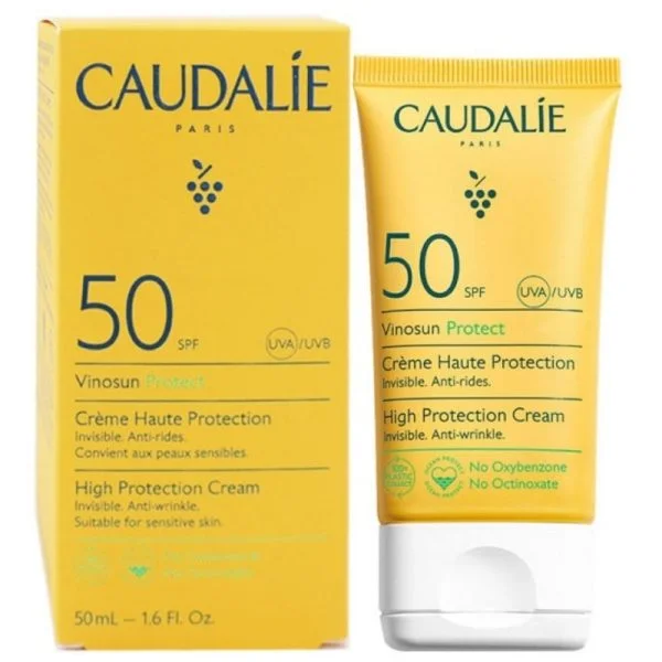 Étui et tube jaunes Caudalie Vinosun Protect Crème SPF50 50 ml visage