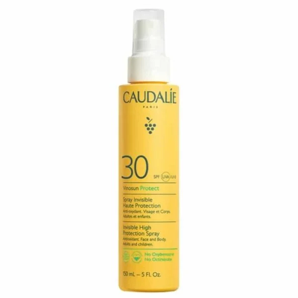 Flacon vaporisateur jaune Caudalie Vinosun Protect Spray Invisible SPF30 150 ml