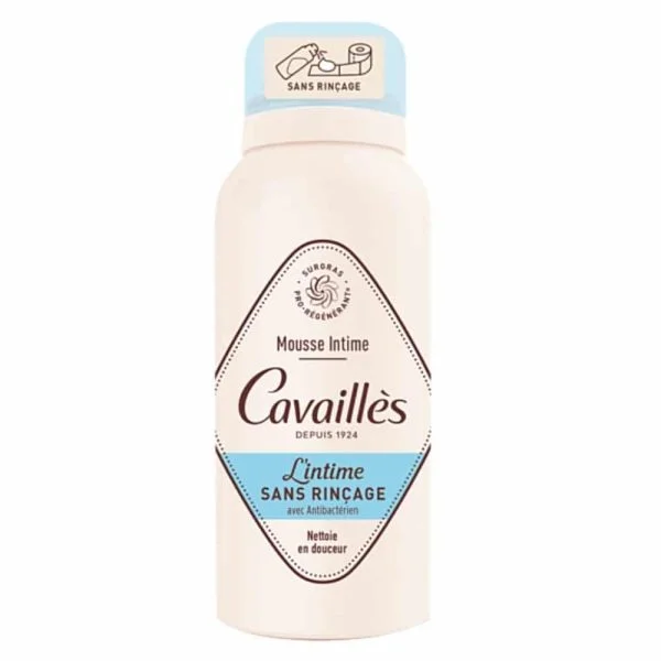 Flacon rose pâle Cavaillès Mousse Intime sans rinçage capuchon bleu 100 ml