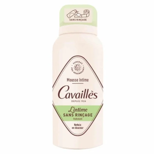 Flacon rose pâle Cavaillès Mousse Intime Hydratante sans rinçage capuchon vert