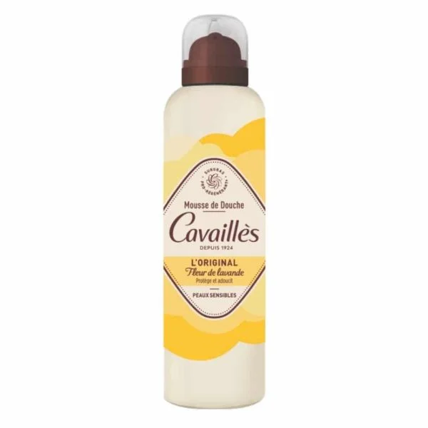 Flacon aérosol crème et jaune Cavaillès Mousse de Douche Fleur de Lavande