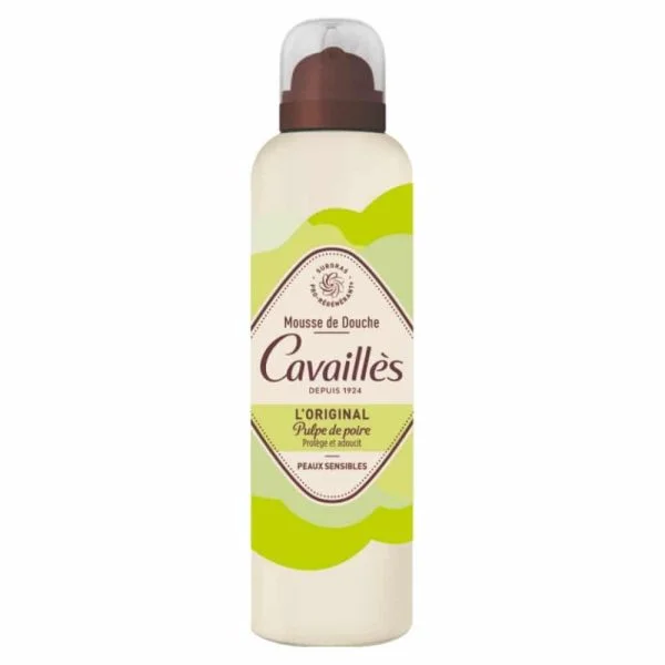 Flacon aérosol crème et vert anis Cavaillès Mousse de Douche Pulpe de Poire