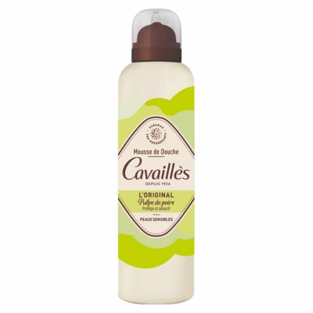 cavailles-l-original-mousse-de-douche-pulpe-de-poire-protege-et-adoucit-200ml.jpg Flacon aérosol crème et vert anis Cavaillès Mousse de Douche Pulpe de Poire