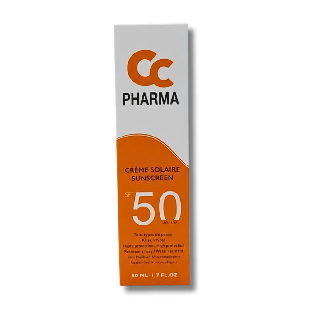 cc-pharma-ecran-solaire-invisible-50ml.jpg Étui orange et blanc CC Pharma crème solaire SPF 50, 50 ml