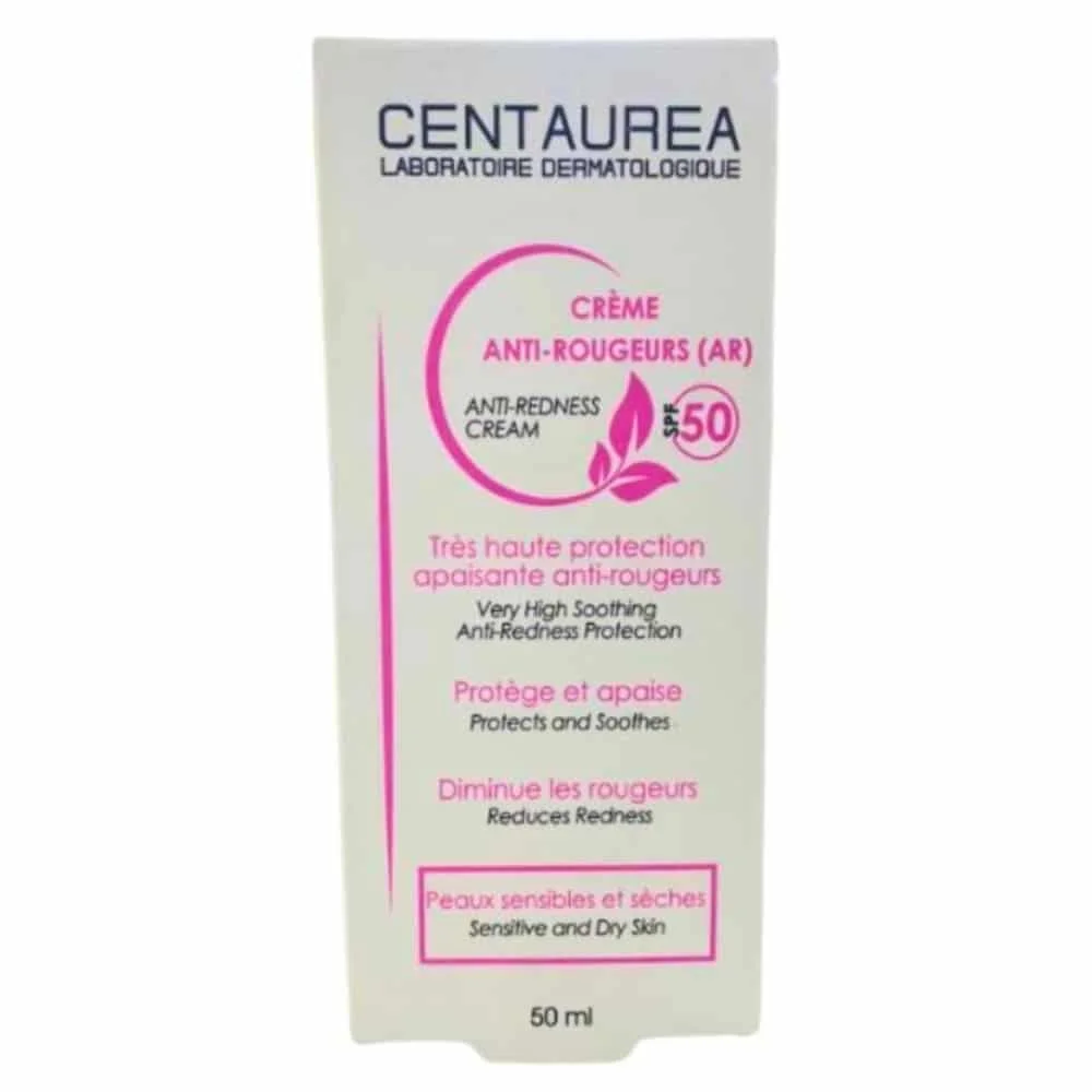 centaurea-creme-anti-rougeurs-spf50-50ml.jpg Étui blanc Centaurea Crème Anti-rougeurs SPF50 50 ml, impressions roses