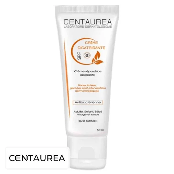 Tube blanc Centaurea Crème Cicatrisante SPF30 50 ml, impressions orange