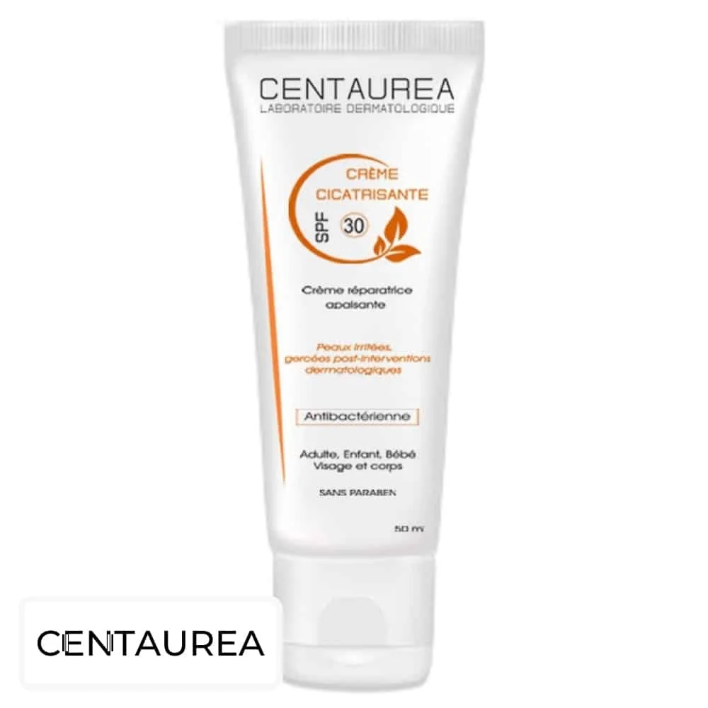 centaurea-creme-cicatrisante-spf30-50ml.jpg Tube blanc Centaurea Crème Cicatrisante SPF30 50 ml, impressions orange