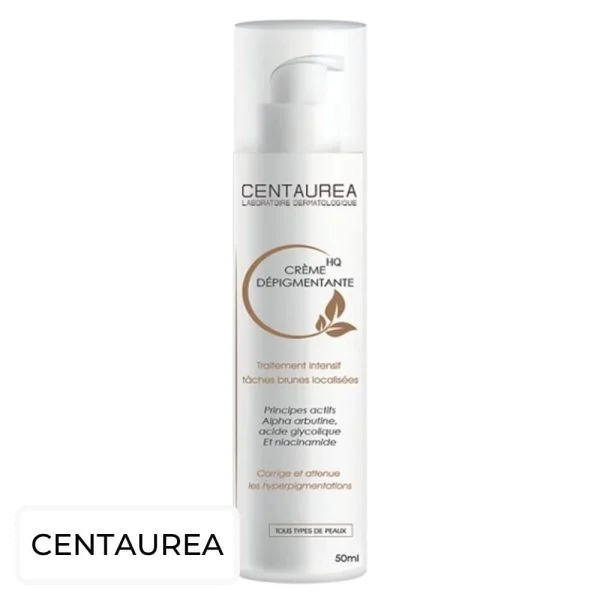 Flacon pompe blanc Centaurea Crème Dépigmentante HQ 50 ml, lettres cuivrées