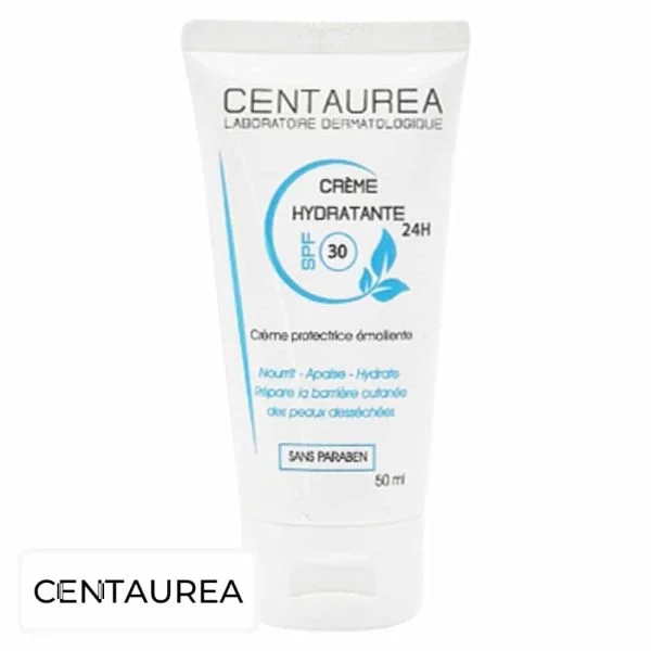 Tube blanc Centaurea Crème Hydratante 24h SPF30 50 ml, impressions bleues