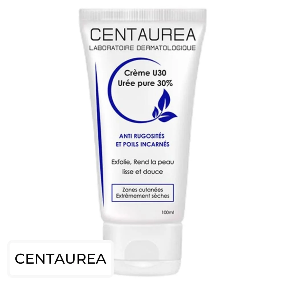 centaurea-creme-u30-uree-pure-30-100ml.jpg Tube blanc Centaurea Crème U30 Urée pure 30% 100 ml, impressions bleues
